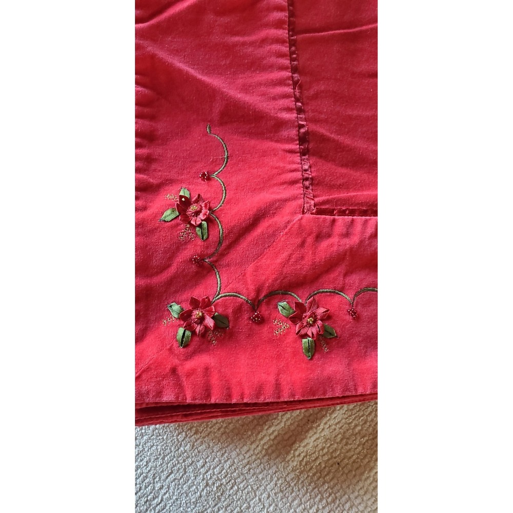 Christmas Cotton Tablecloth Velvet Trim Ribbon Poinsettia Embroidery 58x111" Red
